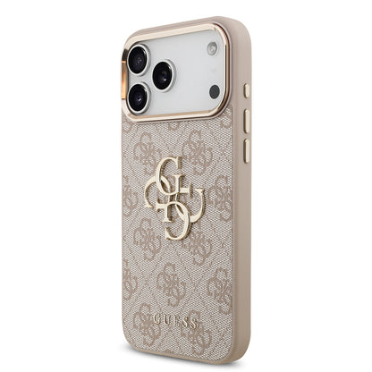 iPhone 17 Pro Max Kılıf Guess Orjinal Lisanslı Gold Metal Kamera Çerçeveli 4G Desenli Metal Büyük 4G ve Yazı Logolu Kapak