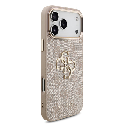iPhone 17 Pro Max Kılıf Guess Orjinal Lisanslı Gold Metal Kamera Çerçeveli 4G Desenli Metal Büyük 4G ve Yazı Logolu Kapak