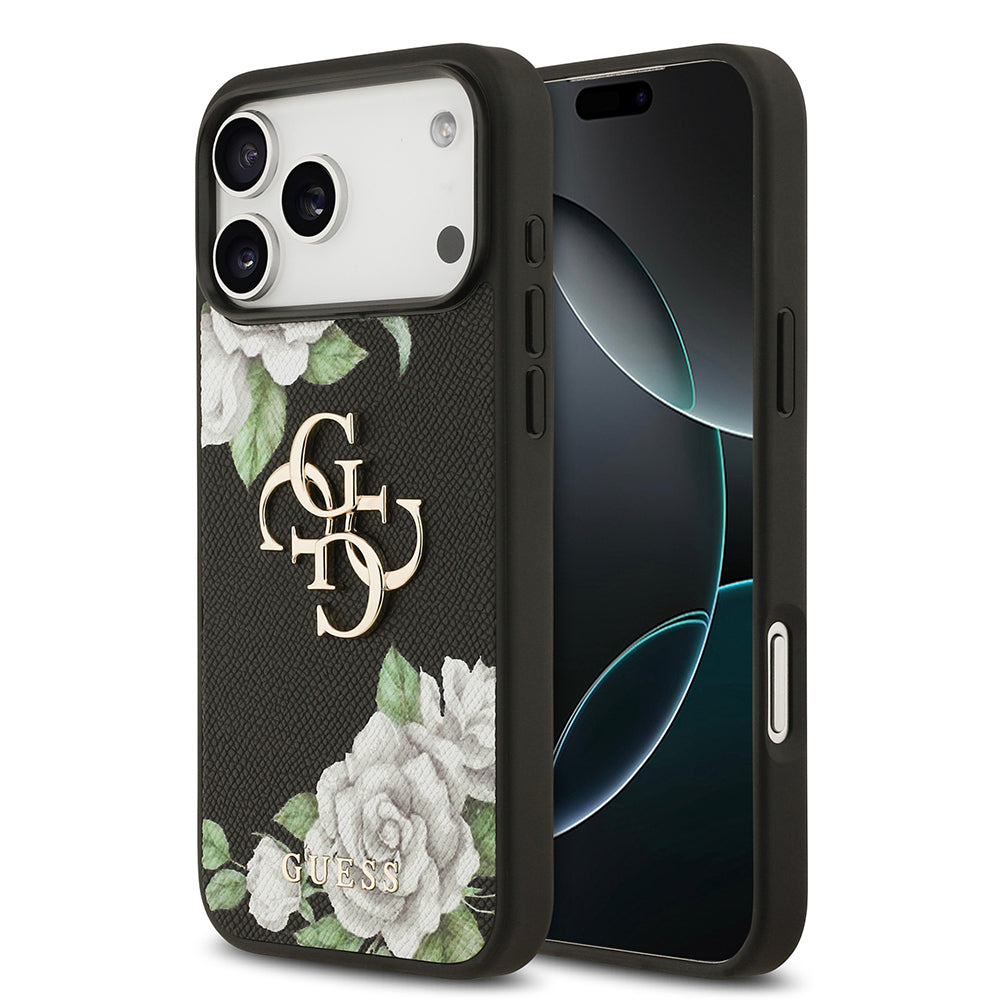 iPhone 17 Pro Max Kılıf Guess Orjinal Lisanslı Gül Baskılı Büyük Metal Logo Dizaynlı Kapak