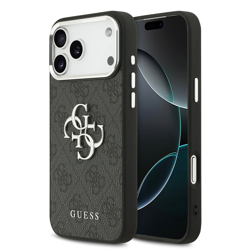 iPhone 17 Pro Max Kılıf Guess Orjinal Lisanslı Gümüş Metal Kamera Çerçeveli 4G Desenli Metal Büyük 4G ve Yazı Logolu Kapak