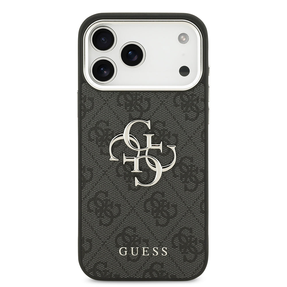 iPhone 17 Pro Max Kılıf Guess Orjinal Lisanslı Gümüş Metal Kamera Çerçeveli 4G Desenli Metal Büyük 4G ve Yazı Logolu Kapak