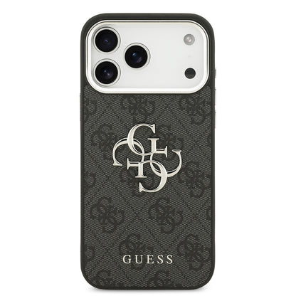 iPhone 17 Pro Max Kılıf Guess Orjinal Lisanslı Gümüş Metal Kamera Çerçeveli 4G Desenli Metal Büyük 4G ve Yazı Logolu Kapak
