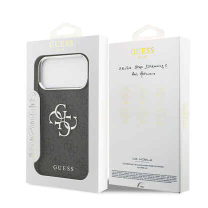 iPhone 17 Pro Max Kılıf Guess Orjinal Lisanslı Gümüş Metal Kamera Çerçeveli 4G Desenli Metal Büyük 4G ve Yazı Logolu Kapak