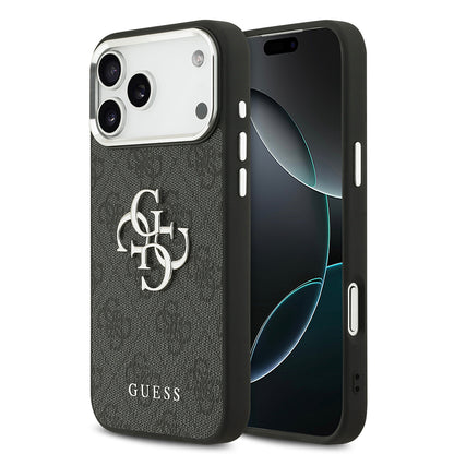 iPhone 17 Pro Max Kılıf Guess Orjinal Lisanslı Gümüş Metal Kamera Çerçeveli 4G Desenli Metal Büyük 4G ve Yazı Logolu Kapak