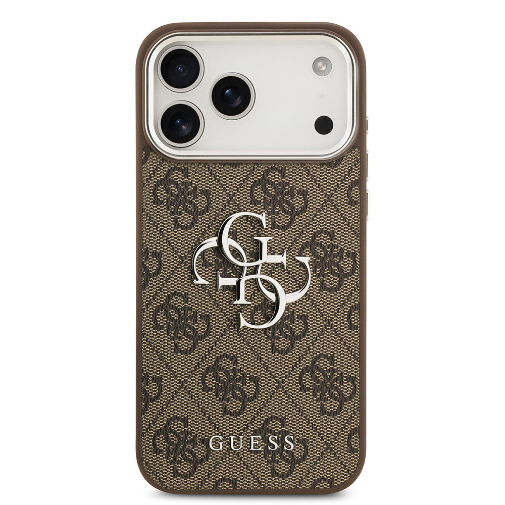 iPhone 17 Pro Max Kılıf Guess Orjinal Lisanslı Gümüş Metal Kamera Çerçeveli 4G Desenli Metal Büyük 4G ve Yazı Logolu Kapak