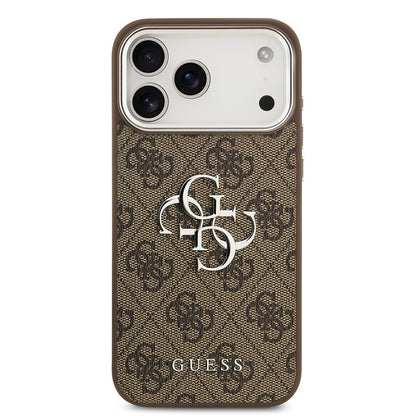 iPhone 17 Pro Max Kılıf Guess Orjinal Lisanslı Gümüş Metal Kamera Çerçeveli 4G Desenli Metal Büyük 4G ve Yazı Logolu Kapak
