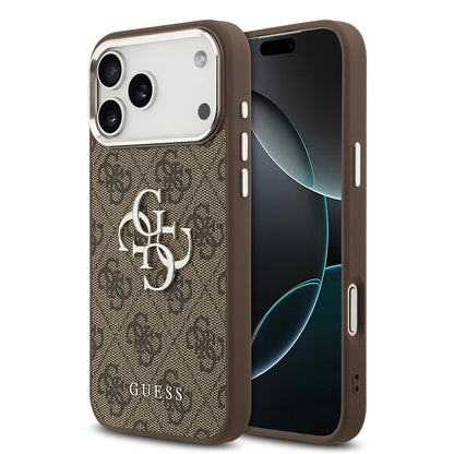 iPhone 17 Pro Max Kılıf Guess Orjinal Lisanslı Gümüş Metal Kamera Çerçeveli 4G Desenli Metal Büyük 4G ve Yazı Logolu Kapak
