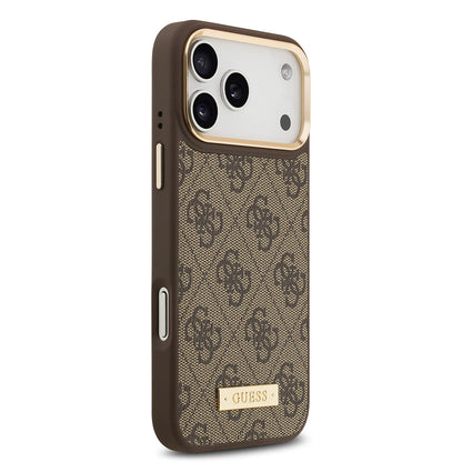 iPhone 17 Pro Max Kılıf Guess Orjinal Lisanslı M-safe Şarj Özellikli 4G Desenli PU Metal Plaka Klasik Logolu Kapak