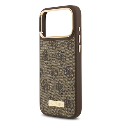 iPhone 17 Pro Max Kılıf Guess Orjinal Lisanslı M-safe Şarj Özellikli 4G Desenli PU Metal Plaka Klasik Logolu Kapak