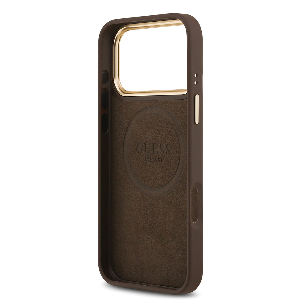 iPhone 17 Pro Max Kılıf Guess Orjinal Lisanslı M-safe Şarj Özellikli 4G Desenli PU Metal Plaka Klasik Logolu Kapak