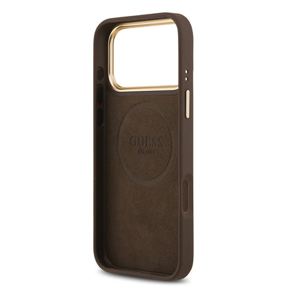 iPhone 17 Pro Max Kılıf Guess Orjinal Lisanslı M-safe Şarj Özellikli 4G Desenli PU Metal Plaka Klasik Logolu Kapak