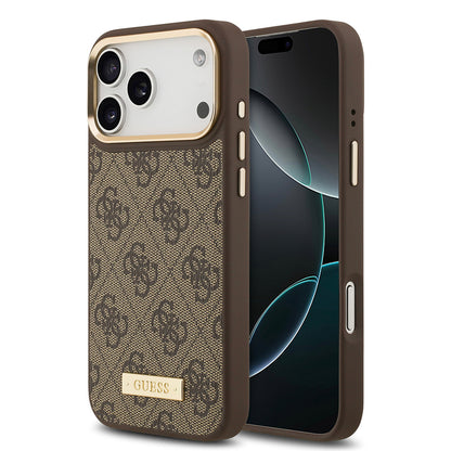 iPhone 17 Pro Max Kılıf Guess Orjinal Lisanslı M-safe Şarj Özellikli 4G Desenli PU Metal Plaka Klasik Logolu Kapak