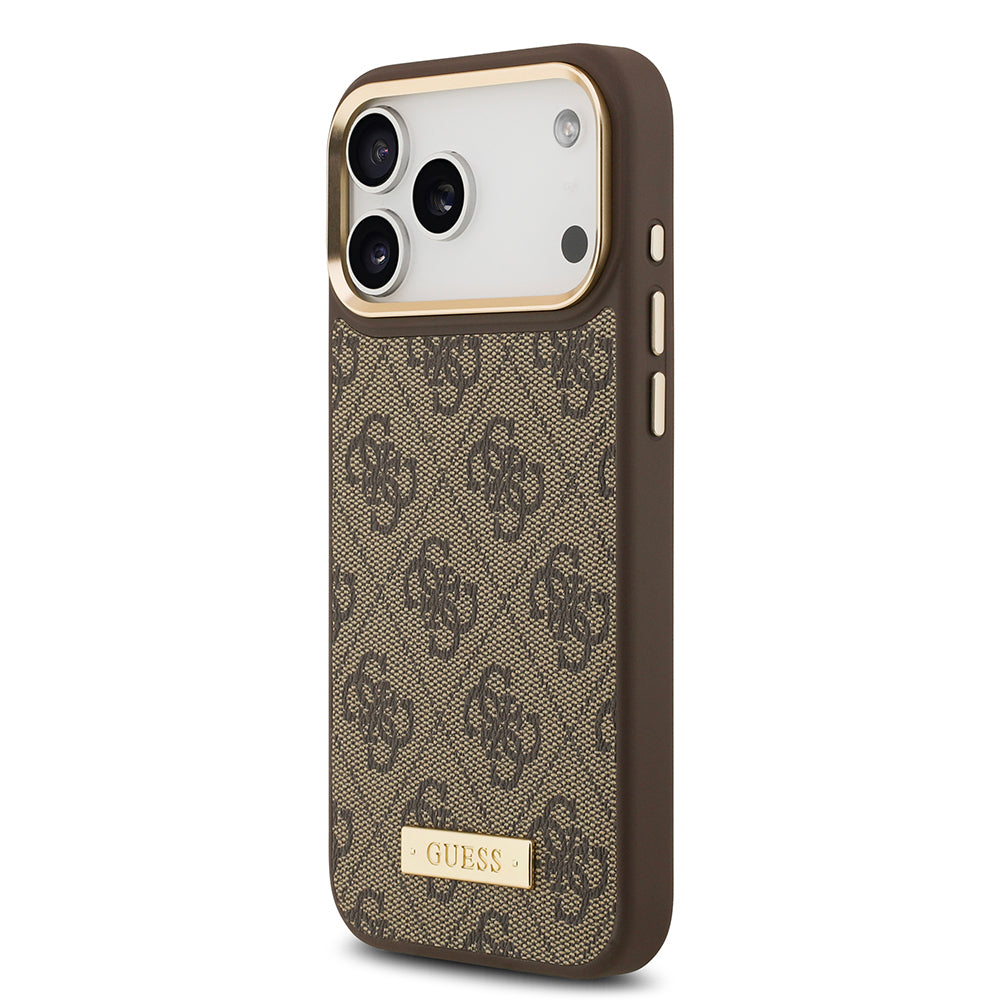 iPhone 17 Pro Max Kılıf Guess Orjinal Lisanslı M-safe Şarj Özellikli 4G Desenli PU Metal Plaka Klasik Logolu Kapak