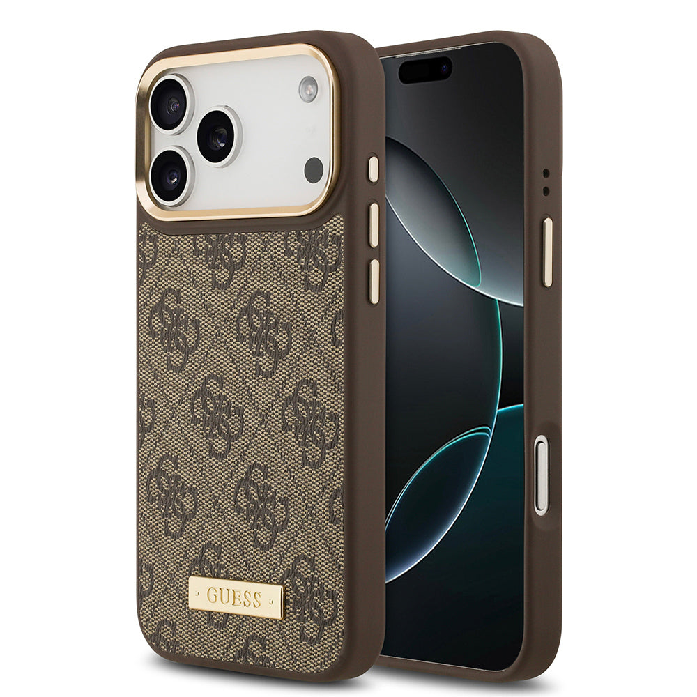 iPhone 17 Pro Max Kılıf Guess Orjinal Lisanslı M-safe Şarj Özellikli 4G Desenli PU Metal Plaka Klasik Logolu Kapak