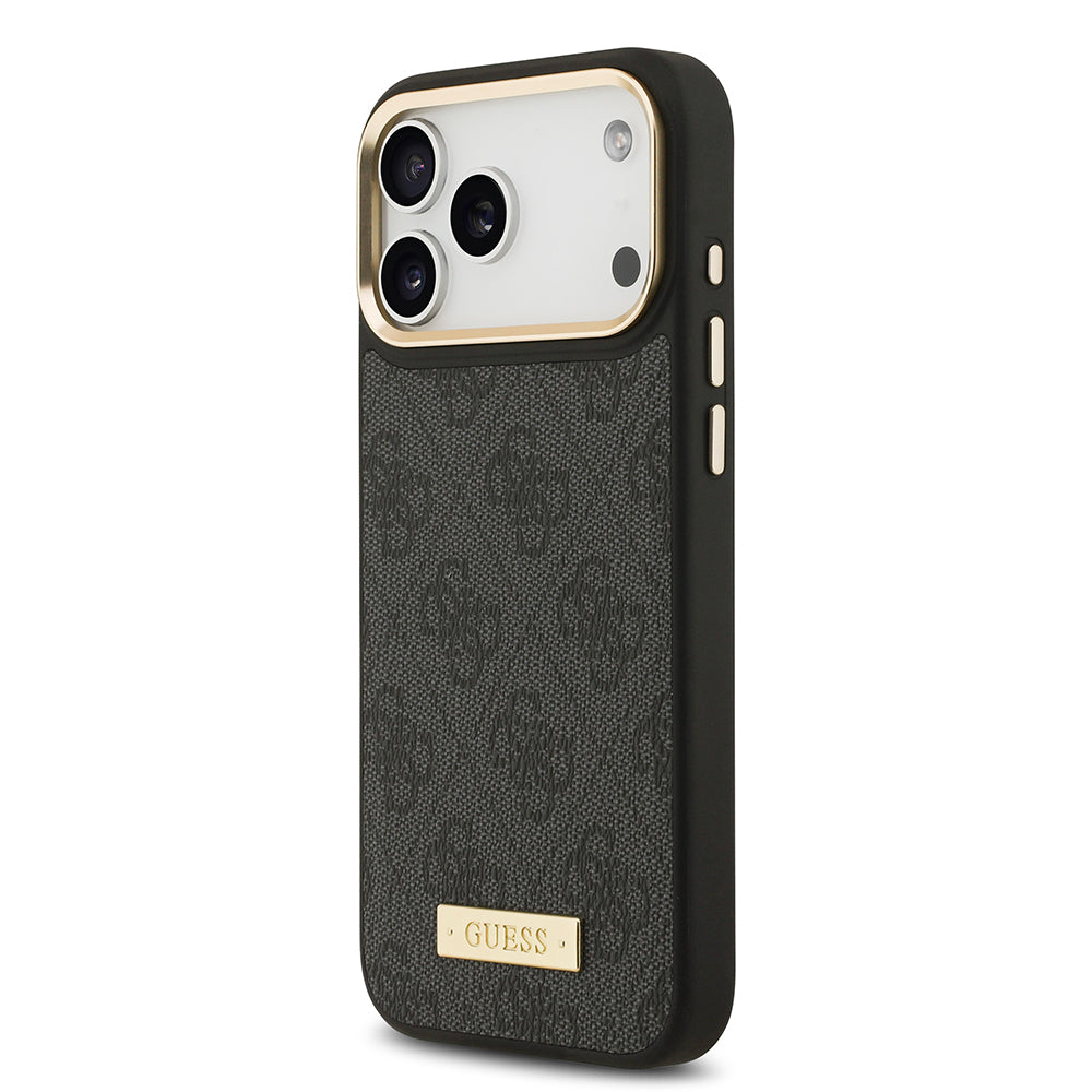 iPhone 17 Pro Max Kılıf Guess Orjinal Lisanslı M-safe Şarj Özellikli 4G Desenli PU Metal Plaka Klasik Logolu Kapak