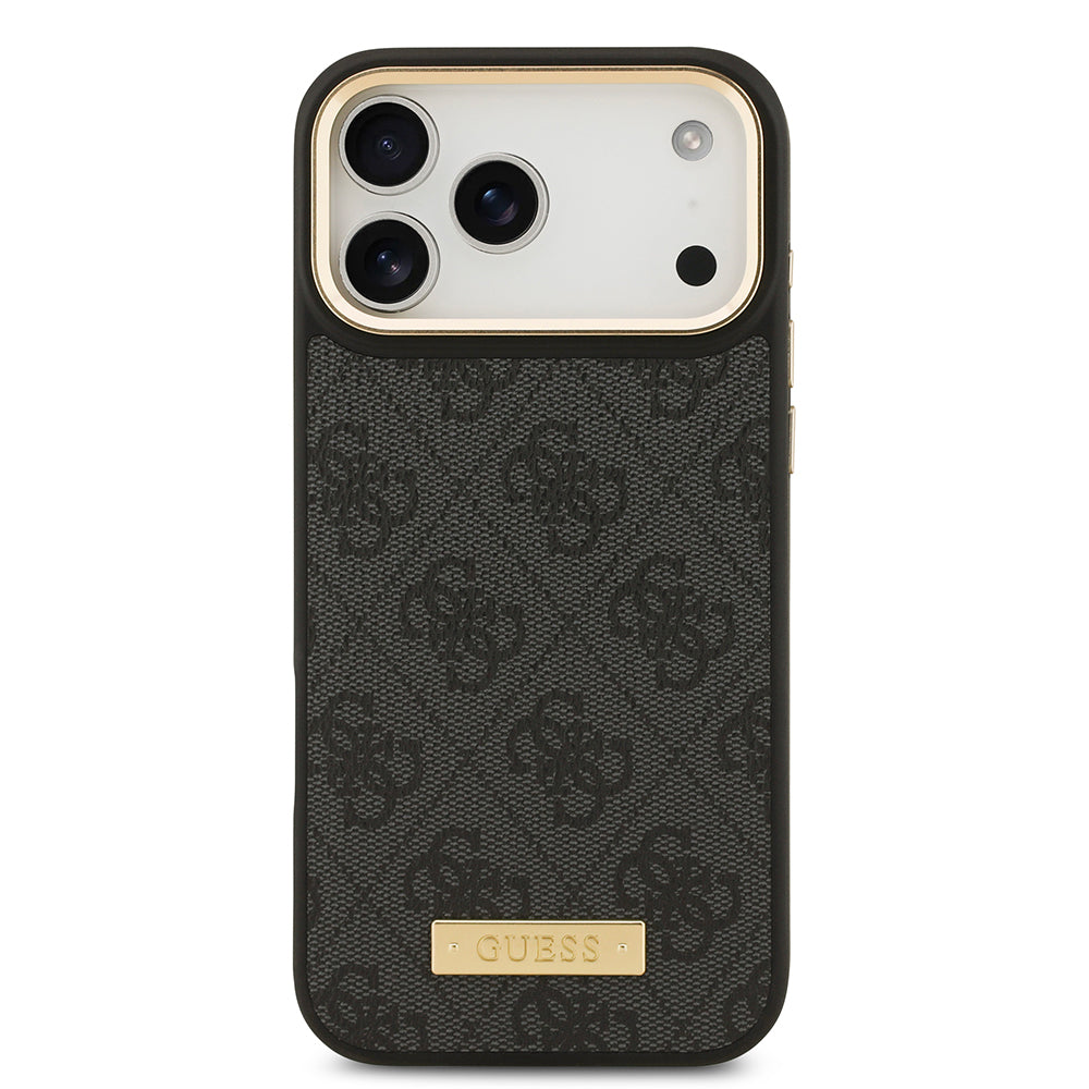 iPhone 17 Pro Max Kılıf Guess Orjinal Lisanslı M-safe Şarj Özellikli 4G Desenli PU Metal Plaka Klasik Logolu Kapak