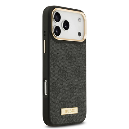 iPhone 17 Pro Max Kılıf Guess Orjinal Lisanslı M-safe Şarj Özellikli 4G Desenli PU Metal Plaka Klasik Logolu Kapak