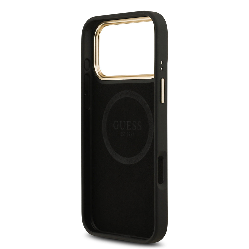 iPhone 17 Pro Max Kılıf Guess Orjinal Lisanslı M-safe Şarj Özellikli 4G Desenli PU Metal Plaka Klasik Logolu Kapak