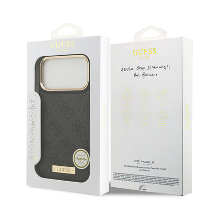 iPhone 17 Pro Max Kılıf Guess Orjinal Lisanslı M-safe Şarj Özellikli 4G Desenli PU Metal Plaka Klasik Logolu Kapak