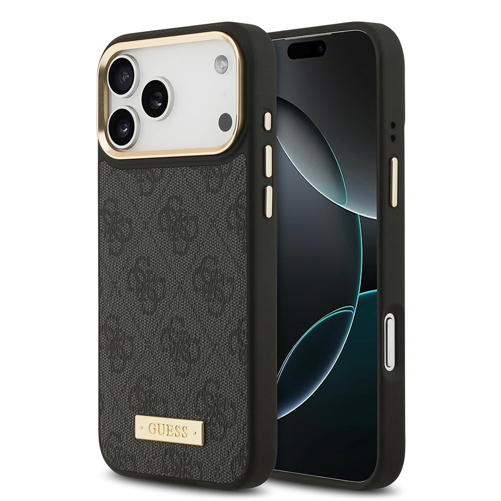 iPhone 17 Pro Max Kılıf Guess Orjinal Lisanslı M-safe Şarj Özellikli 4G Desenli PU Metal Plaka Klasik Logolu Kapak