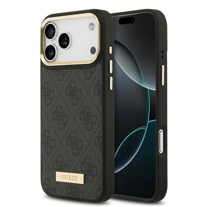 iPhone 17 Pro Max Kılıf Guess Orjinal Lisanslı M-safe Şarj Özellikli 4G Desenli PU Metal Plaka Klasik Logolu Kapak