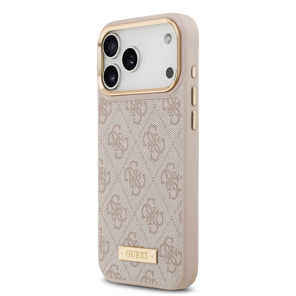 iPhone 17 Pro Max Kılıf Guess Orjinal Lisanslı M-safe Şarj Özellikli 4G Desenli PU Metal Plaka Klasik Logolu Kapak
