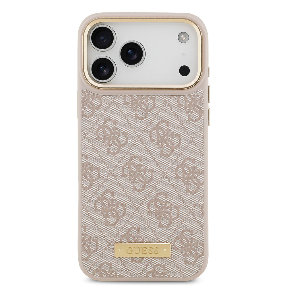 iPhone 17 Pro Max Kılıf Guess Orjinal Lisanslı M-safe Şarj Özellikli 4G Desenli PU Metal Plaka Klasik Logolu Kapak