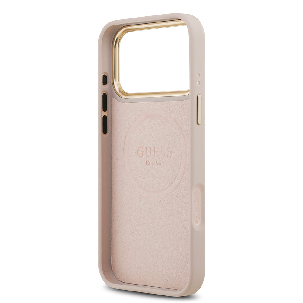 iPhone 17 Pro Max Kılıf Guess Orjinal Lisanslı M-safe Şarj Özellikli 4G Desenli PU Metal Plaka Klasik Logolu Kapak