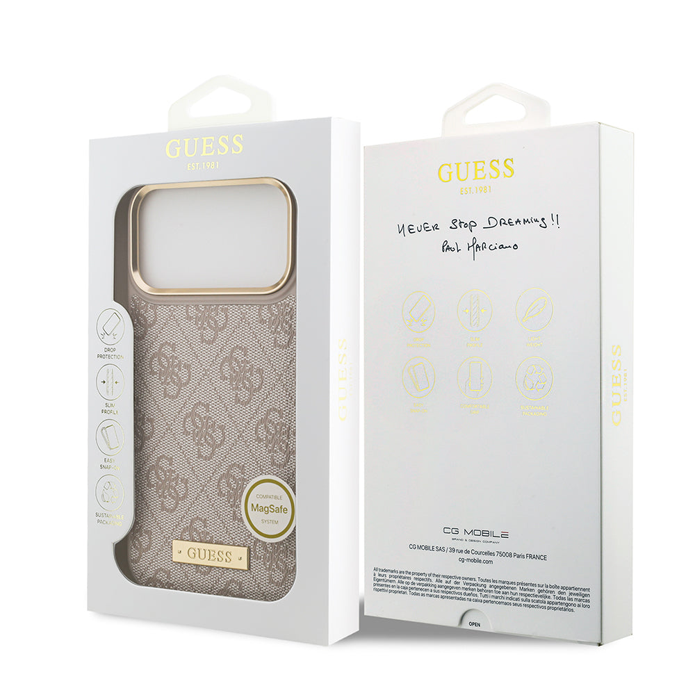 iPhone 17 Pro Max Kılıf Guess Orjinal Lisanslı M-safe Şarj Özellikli 4G Desenli PU Metal Plaka Klasik Logolu Kapak