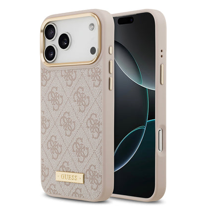 iPhone 17 Pro Max Kılıf Guess Orjinal Lisanslı M-safe Şarj Özellikli 4G Desenli PU Metal Plaka Klasik Logolu Kapak