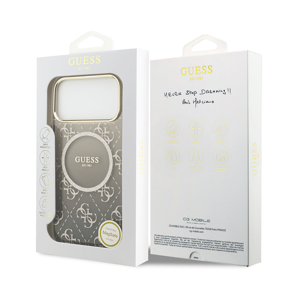 iPhone 17 Pro Max Kılıf Guess Orjinal Lisanslı M-safe Şarj Özellikli 4G Desenli Simli Silikon Kapak