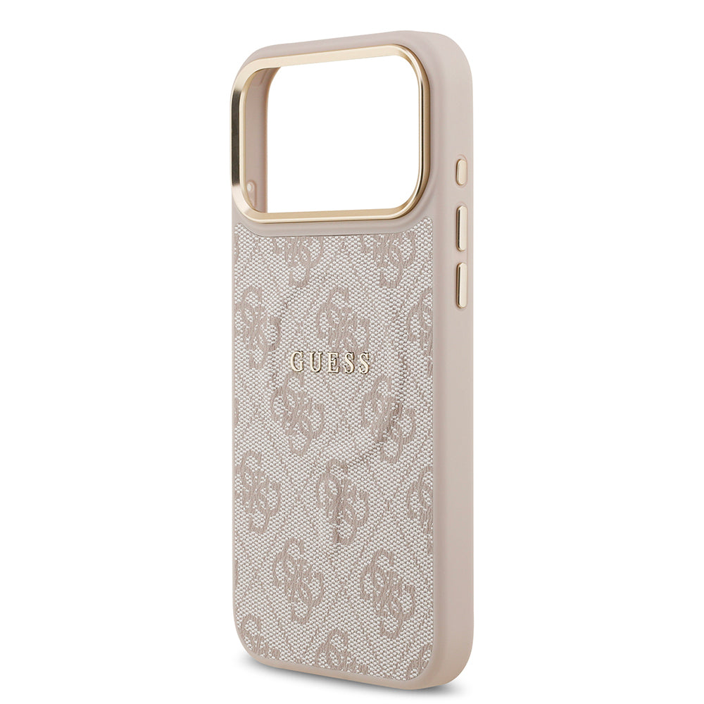 iPhone 17 Pro Max Kılıf Guess Orjinal Lisanslı M-safe Şarj Özellikli Gold Metal Kamera Çerçeveli PU Deri 4G Desenli Yazı Logolu Kapak