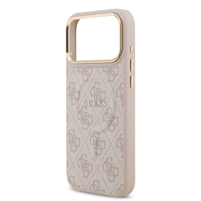 iPhone 17 Pro Max Kılıf Guess Orjinal Lisanslı M-safe Şarj Özellikli Gold Metal Kamera Çerçeveli PU Deri 4G Desenli Yazı Logolu Kapak