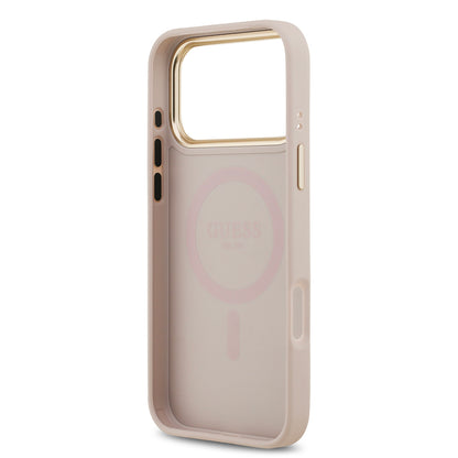 iPhone 17 Pro Max Kılıf Guess Orjinal Lisanslı M-safe Şarj Özellikli Gold Metal Kamera Çerçeveli PU Deri 4G Desenli Yazı Logolu Kapak