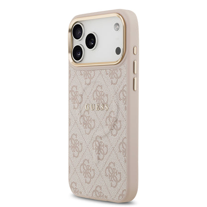 iPhone 17 Pro Max Kılıf Guess Orjinal Lisanslı M-safe Şarj Özellikli Gold Metal Kamera Çerçeveli PU Deri 4G Desenli Yazı Logolu Kapak