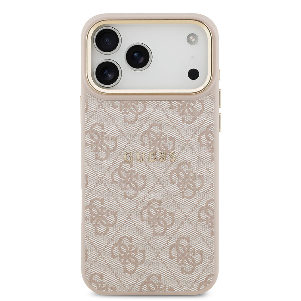 iPhone 17 Pro Max Kılıf Guess Orjinal Lisanslı M-safe Şarj Özellikli Gold Metal Kamera Çerçeveli PU Deri 4G Desenli Yazı Logolu Kapak