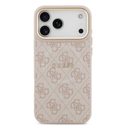 iPhone 17 Pro Max Kılıf Guess Orjinal Lisanslı M-safe Şarj Özellikli Gold Metal Kamera Çerçeveli PU Deri 4G Desenli Yazı Logolu Kapak