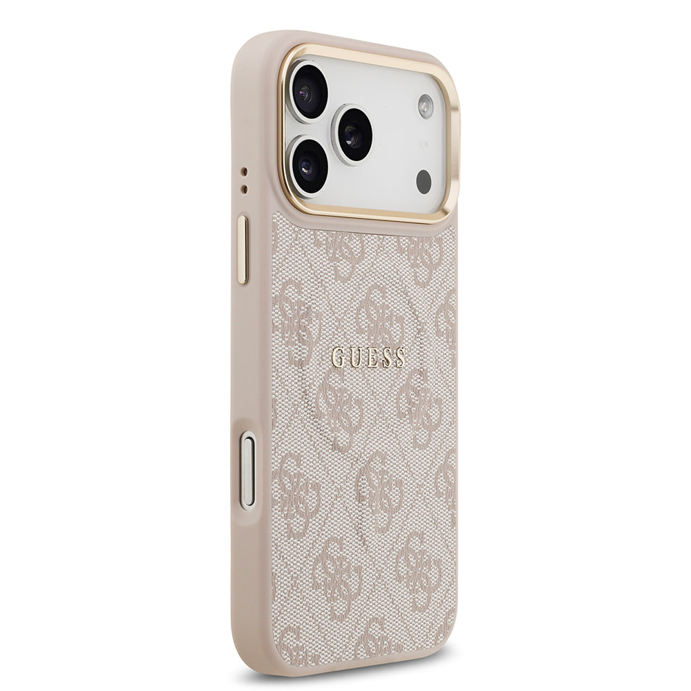 iPhone 17 Pro Max Kılıf Guess Orjinal Lisanslı M-safe Şarj Özellikli Gold Metal Kamera Çerçeveli PU Deri 4G Desenli Yazı Logolu Kapak