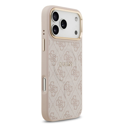 iPhone 17 Pro Max Kılıf Guess Orjinal Lisanslı M-safe Şarj Özellikli Gold Metal Kamera Çerçeveli PU Deri 4G Desenli Yazı Logolu Kapak