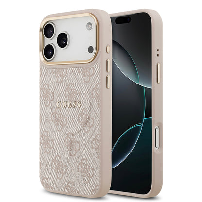 iPhone 17 Pro Max Kılıf Guess Orjinal Lisanslı M-safe Şarj Özellikli Gold Metal Kamera Çerçeveli PU Deri 4G Desenli Yazı Logolu Kapak