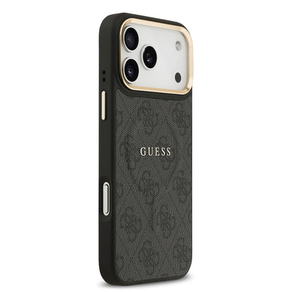 iPhone 17 Pro Max Kılıf Guess Orjinal Lisanslı M-safe Şarj Özellikli Gold Metal Kamera Çerçeveli PU Deri 4G Desenli Yazı Logolu Kapak
