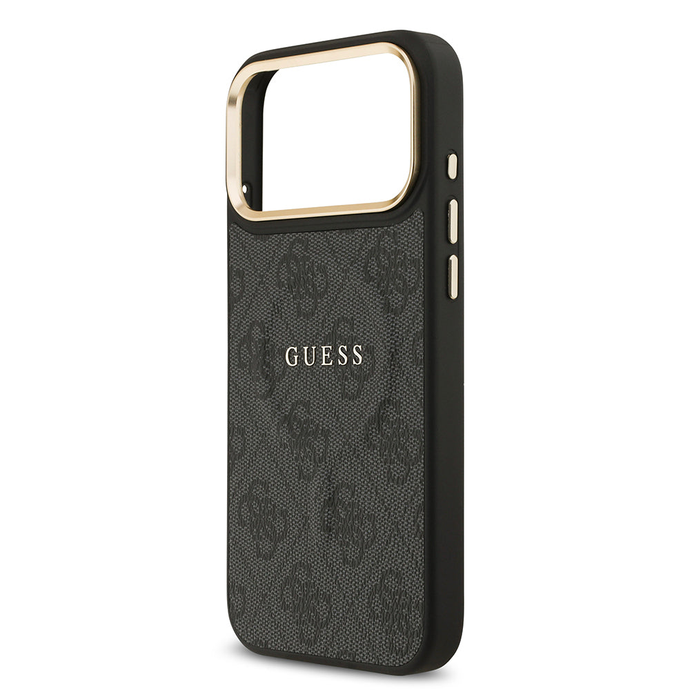 iPhone 17 Pro Max Kılıf Guess Orjinal Lisanslı M-safe Şarj Özellikli Gold Metal Kamera Çerçeveli PU Deri 4G Desenli Yazı Logolu Kapak