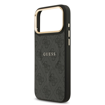iPhone 17 Pro Max Kılıf Guess Orjinal Lisanslı M-safe Şarj Özellikli Gold Metal Kamera Çerçeveli PU Deri 4G Desenli Yazı Logolu Kapak