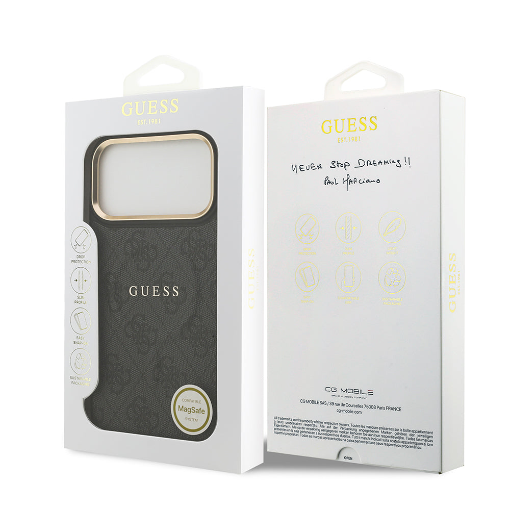 iPhone 17 Pro Max Kılıf Guess Orjinal Lisanslı M-safe Şarj Özellikli Gold Metal Kamera Çerçeveli PU Deri 4G Desenli Yazı Logolu Kapak