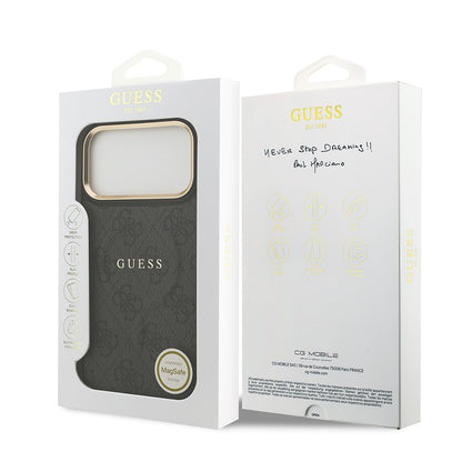 iPhone 17 Pro Max Kılıf Guess Orjinal Lisanslı M-safe Şarj Özellikli Gold Metal Kamera Çerçeveli PU Deri 4G Desenli Yazı Logolu Kapak