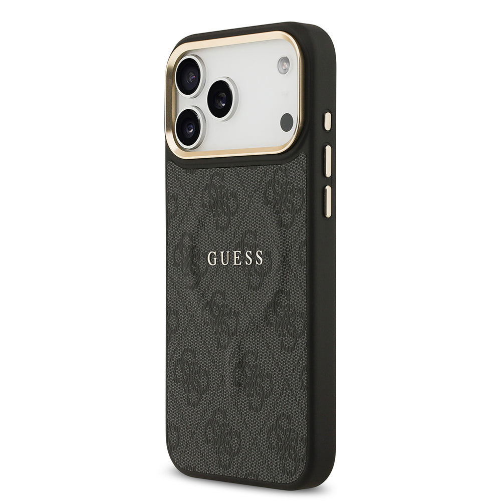 iPhone 17 Pro Max Kılıf Guess Orjinal Lisanslı M-safe Şarj Özellikli Gold Metal Kamera Çerçeveli PU Deri 4G Desenli Yazı Logolu Kapak