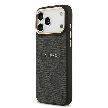 iPhone 17 Pro Max Kılıf Guess Orjinal Lisanslı M-safe Şarj Özellikli Gold Metal Kamera Çerçeveli PU Deri 4G Desenli Yazı Logolu Kapak