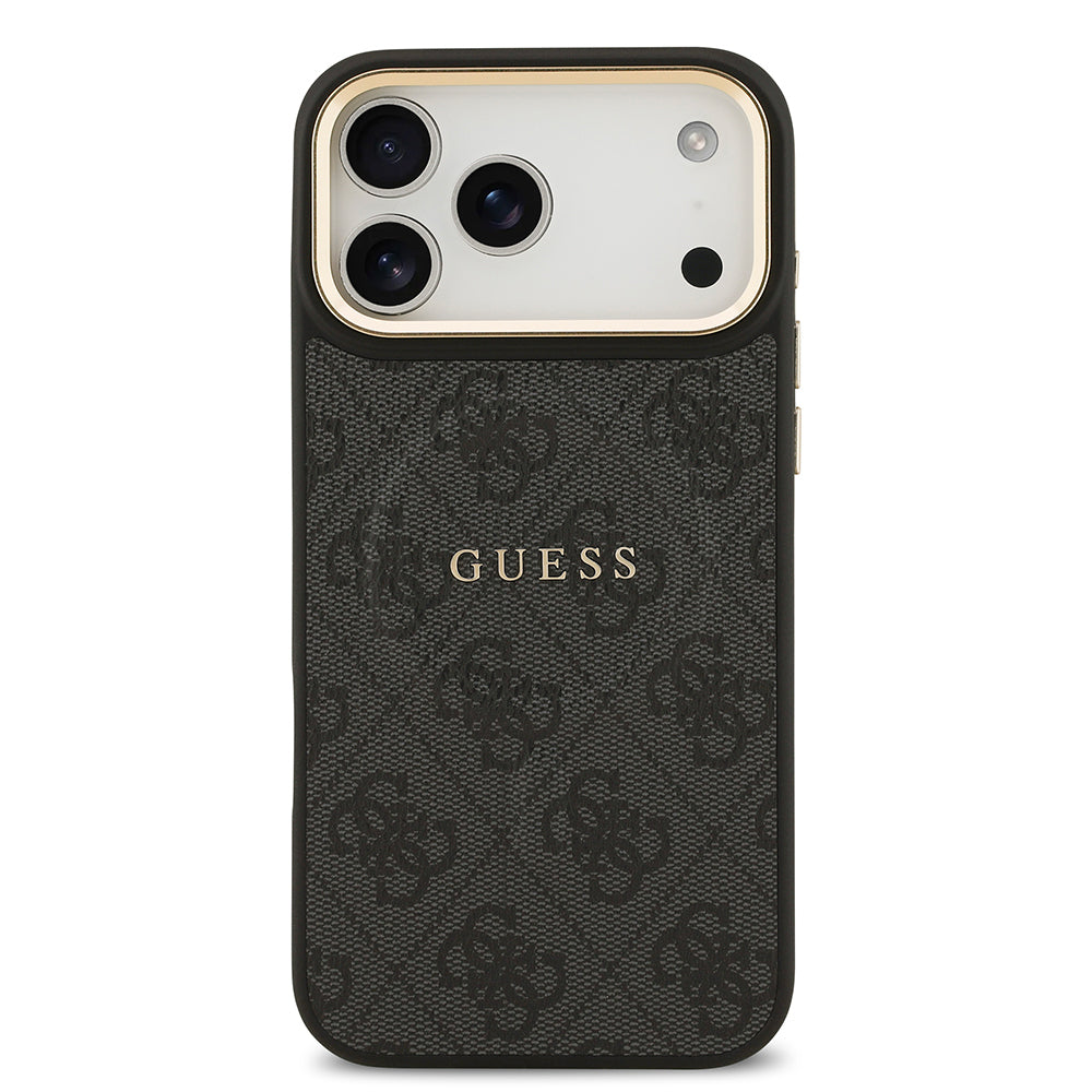 iPhone 17 Pro Max Kılıf Guess Orjinal Lisanslı M-safe Şarj Özellikli Gold Metal Kamera Çerçeveli PU Deri 4G Desenli Yazı Logolu Kapak