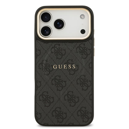 iPhone 17 Pro Max Kılıf Guess Orjinal Lisanslı M-safe Şarj Özellikli Gold Metal Kamera Çerçeveli PU Deri 4G Desenli Yazı Logolu Kapak