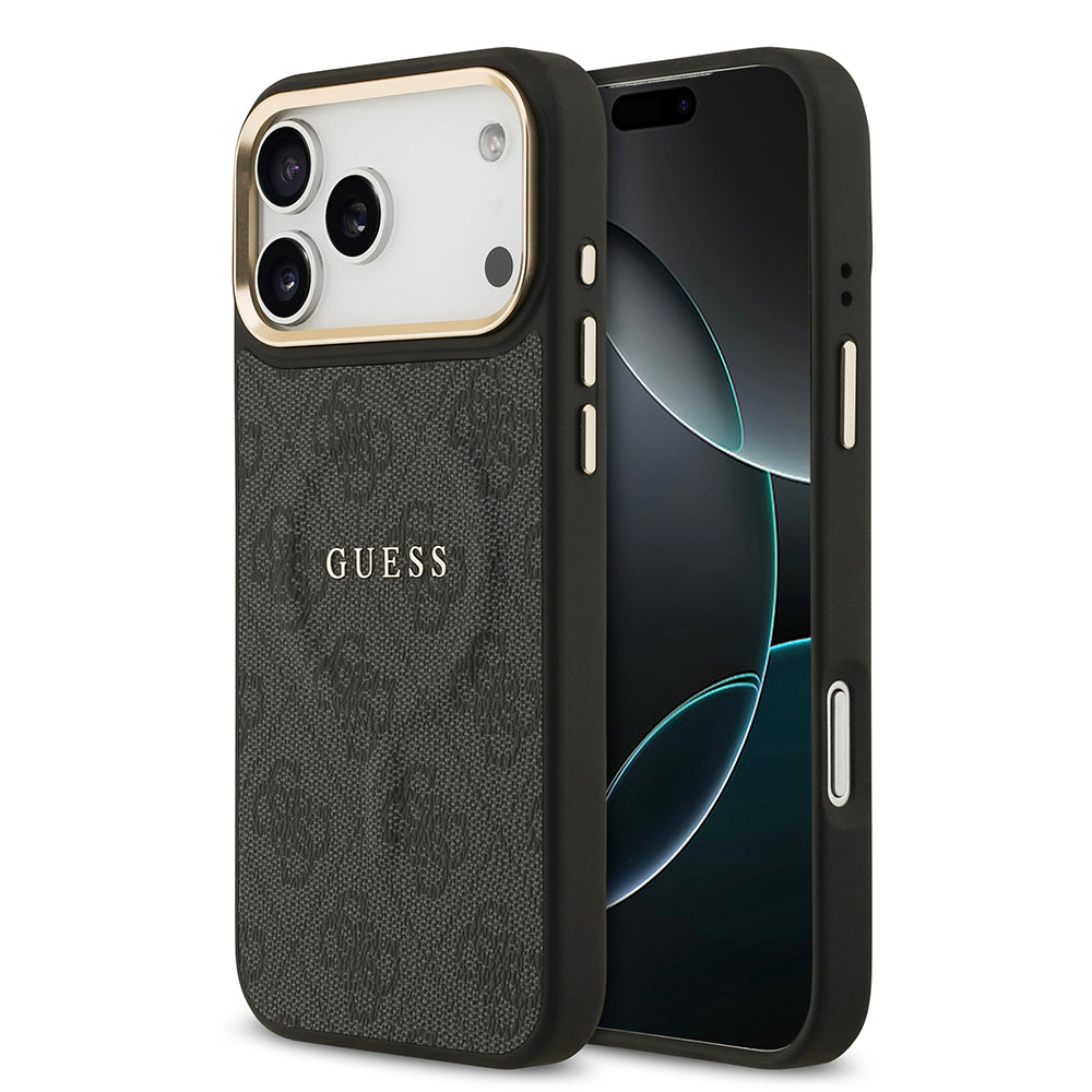 iPhone 17 Pro Max Kılıf Guess Orjinal Lisanslı M-safe Şarj Özellikli Gold Metal Kamera Çerçeveli PU Deri 4G Desenli Yazı Logolu Kapak